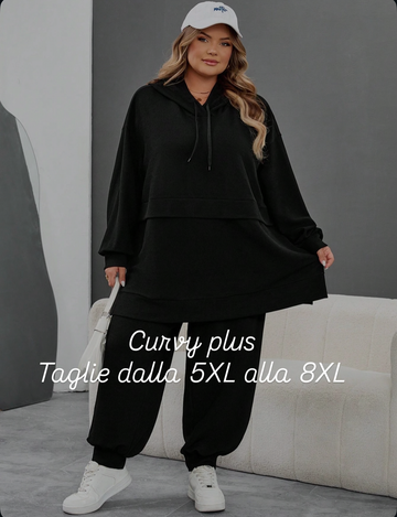 Set da 2 pezzi, felpa con cappuccio e pantaloni jogger, taglia comoda, nero, casual